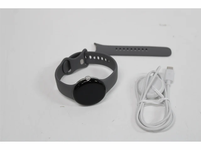 Google pixel watch android smartwatch met hartslagmeter roestvrijstalen kast in gepolijst zilver met sportband in houtskool - afbeelding 4 van  4