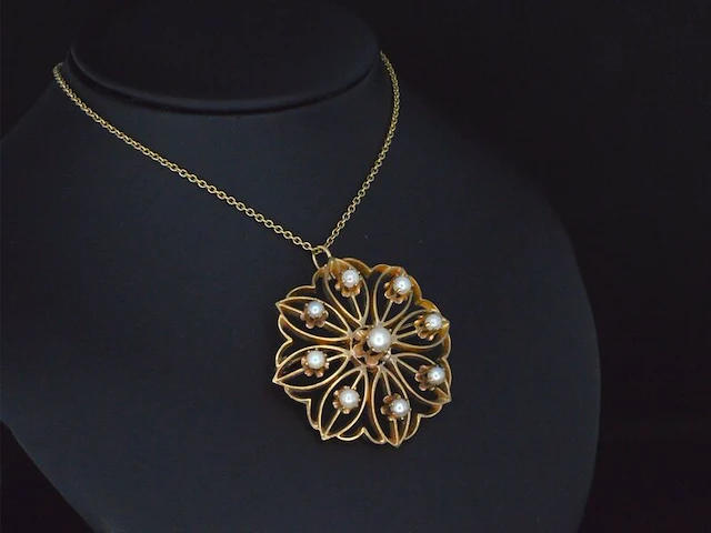 Gouden art nouveau hanger met echte parels, excl. ketting - afbeelding 1 van  8