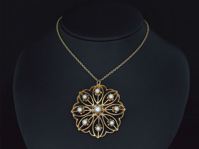 Gouden art nouveau hanger met echte parels, excl. ketting - afbeelding 2 van  8