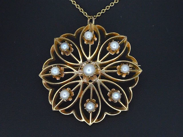 Gouden art nouveau hanger met echte parels, excl. ketting - afbeelding 3 van  8