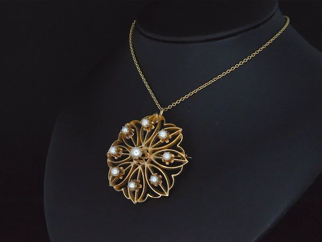 Gouden art nouveau hanger met echte parels, excl. ketting - afbeelding 5 van  8