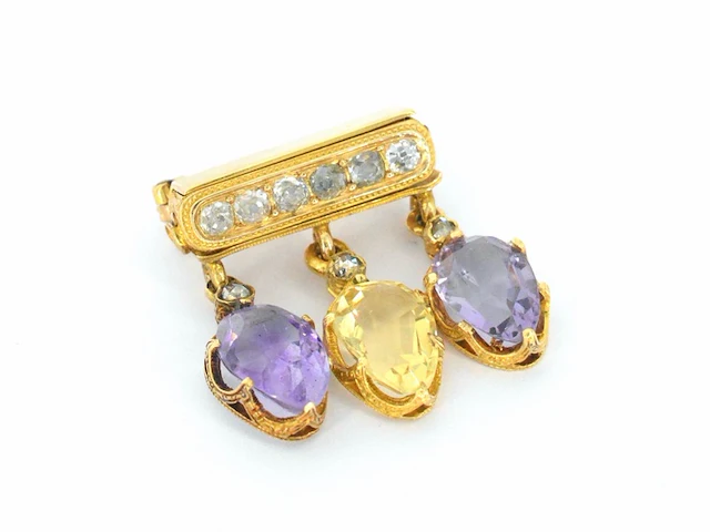 Gouden broche met diamant en edelstenen - afbeelding 2 van  8