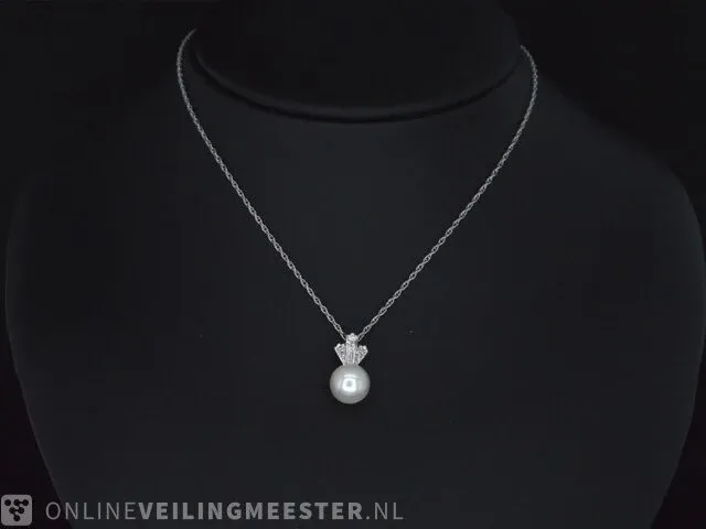 Gouden collier met diamanten en een parel - afbeelding 2 van  7