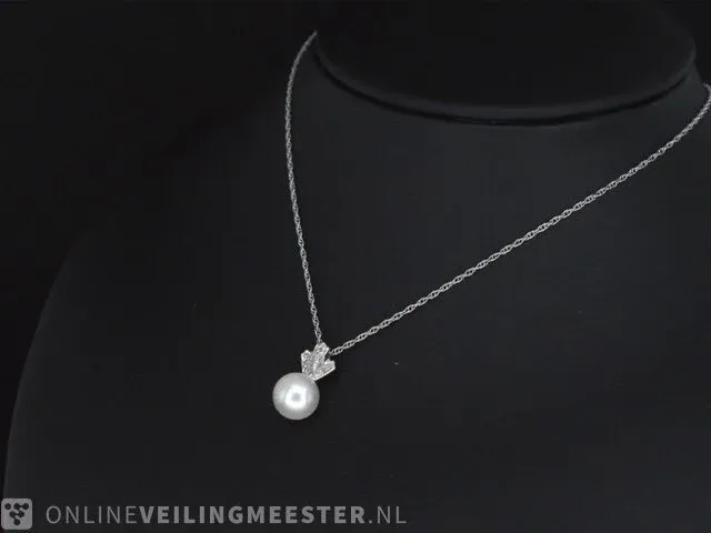 Gouden collier met diamanten en een parel - afbeelding 4 van  7