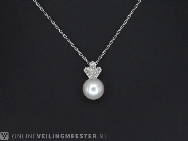 Gouden collier met diamanten en een parel - afbeelding 5 van  7