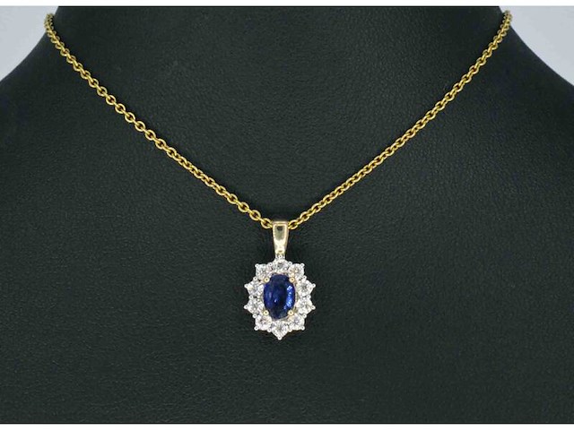 Gouden entourage hanger met diamanten en saffier, excl. ketting - afbeelding 2 van  7