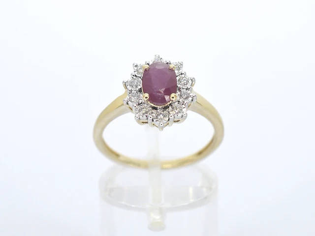 Gouden entourage ring met robijn en diamanten - afbeelding 7 van  11