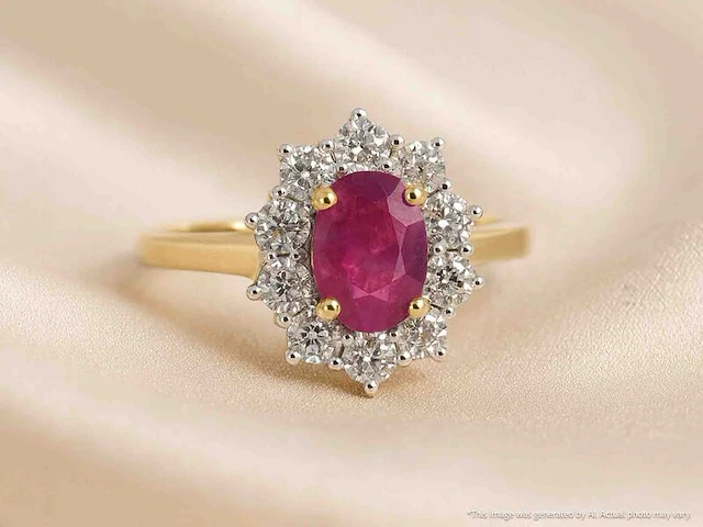 Gouden entourage ring met robijn en diamanten - afbeelding 11 van  11