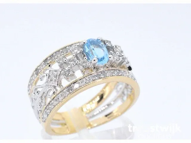 Gouden exclusieve ring vol met diamanten en een edelsteen - afbeelding 4 van  9