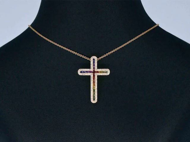 Gouden kruishanger met diamanten en edelstenen - afbeelding 2 van  8