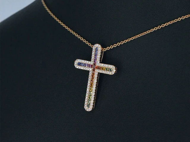 Gouden kruishanger met diamanten en edelstenen - afbeelding 3 van  8