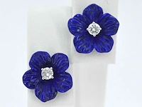Gouden oorbellen 0.18 carat met blauwe edele bloem en grote diamanten - afbeelding 1 van  6