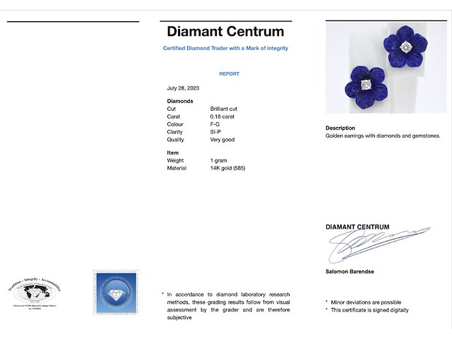 Gouden oorbellen 0.18 carat met blauwe edele bloem en grote diamanten - afbeelding 3 van  5