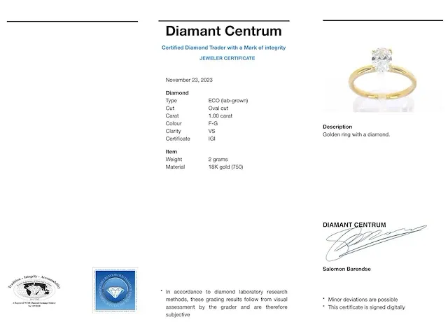 Gouden ovaal solitair ring met een 1.00 carat diamant - afbeelding 5 van  10
