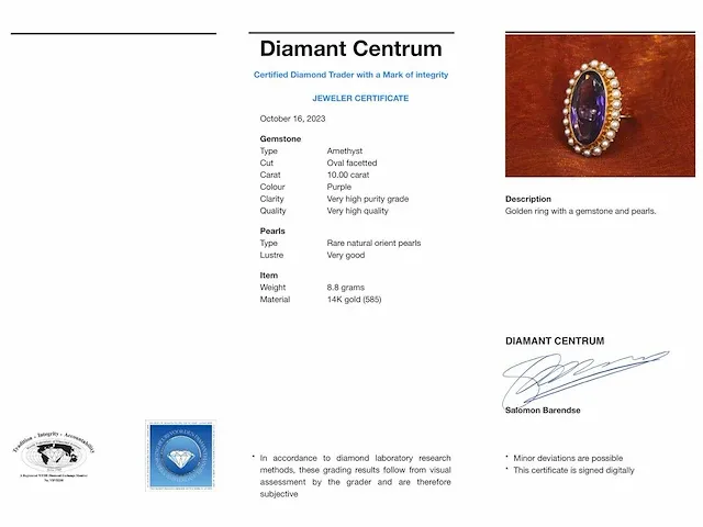 Gouden ring met amethist en orient parels - afbeelding 6 van  6