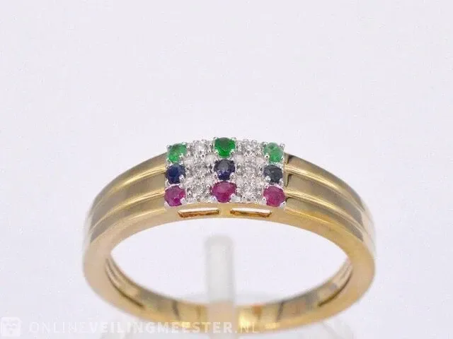 Gouden ring met diamant en multicolour edelstenen - afbeelding 1 van  10