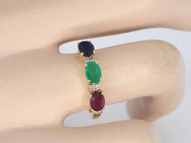 Gouden ring met diamanten en saffier, robijn, smaragd - afbeelding 3 van  10