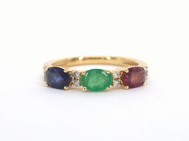 Gouden ring met diamanten en saffier, robijn, smaragd - afbeelding 7 van  10