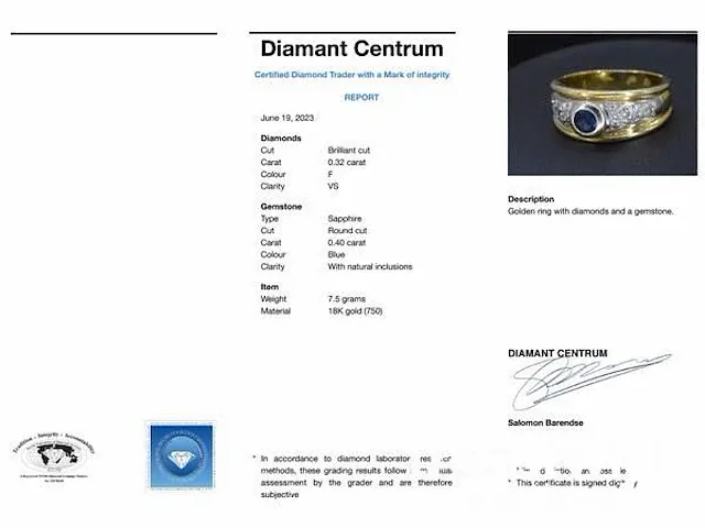 Gouden ring met diamanten en saffier - afbeelding 6 van  6