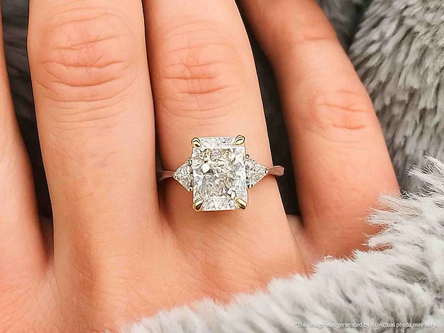 Gouden ring met éen grote diamant van 6.00 carat en twee triangel geslepen diamanten - afbeelding 6 van  13