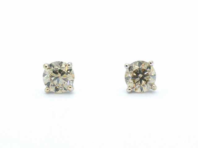 Gouden solitair oorbellen met 2.00 carat champagne diamant - afbeelding 9 van  12