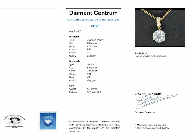 Gouden solitaire hanger met een diamant van 2.00 carat - afbeelding 7 van  7