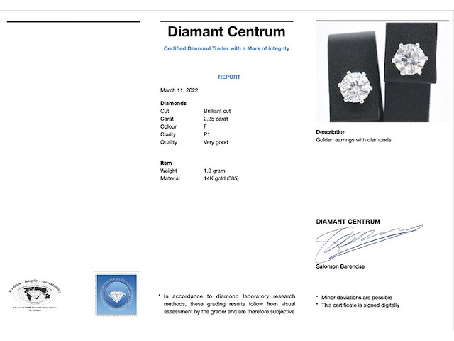 Gouden solitaire oorbellen met 2.25 carat diamant - afbeelding 3 van  9
