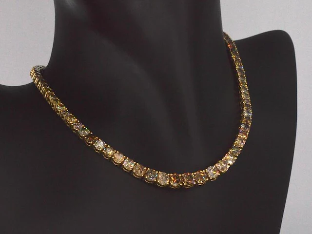 Gouden tennis collier met champagne en cognac diamanten - afbeelding 1 van  12