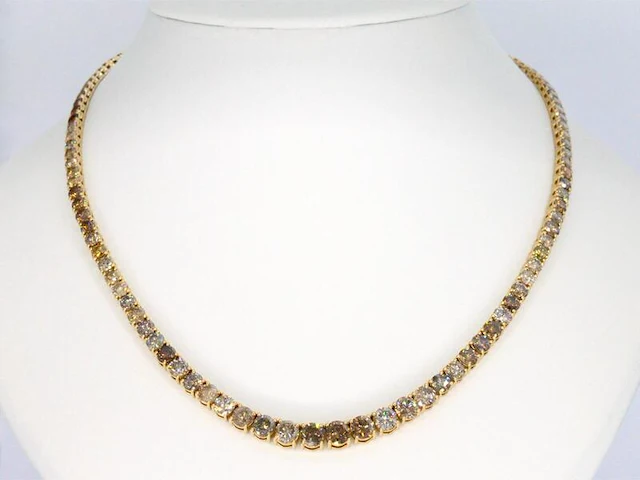 Gouden tennis collier met champagne en cognac diamanten - afbeelding 11 van  12