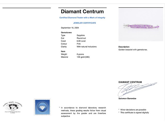 Gouden tennisarmband met 6.00 carat aan roze saffieren - afbeelding 3 van  8