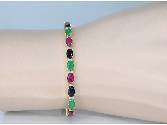 Gouden tennisarmband met diamanten, saffier, robijn en smaragd - afbeelding 1 van  7