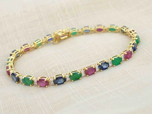 Gouden tennisarmband met diamanten, saffier, robijn en smaragd - afbeelding 5 van  7