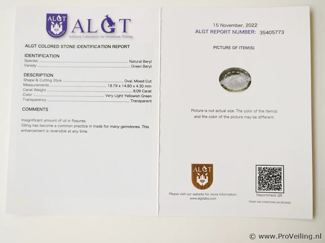 Green beryl 8.09ct algt certified - afbeelding 4 van  4