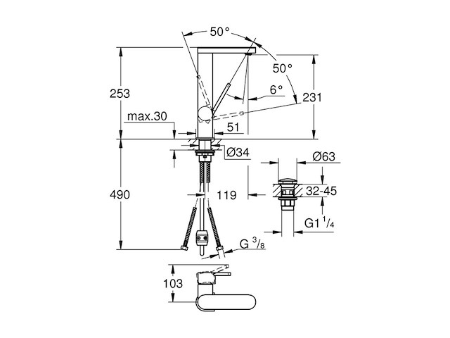 Grohe plus l wastafelmengkraan met uittrekbare sproeikop hoge uitloop push open waste waterbesparend - afbeelding 2 van  3