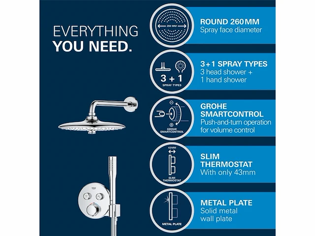 Grohe precision smartcontrol 260 douchesysteem (260mm douchekop met 2 straalsoorten handdouche 1 straal universele inbouwdoos 150 cm doucheslang) chroom - afbeelding 3 van  4