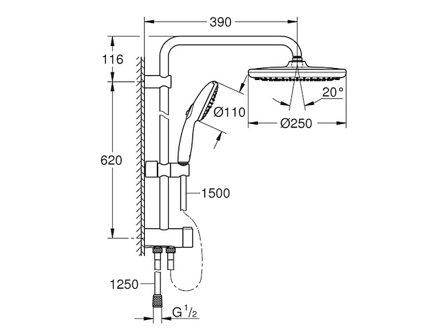 Grohe vitalio start 250 flex douchesysteem met omstelling rond max. 80l/min bij 3 bar mat zwart - afbeelding 2 van  3