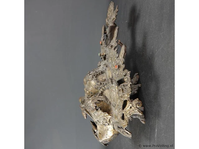 Grote antieke brons met edelstenen mask of mahakala als wierrookhouder - afbeelding 3 van  5