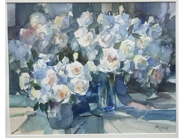 Grote aquarel, "modern bloemstilleven", geschilderd door jos leurs - afbeelding 1 van  3