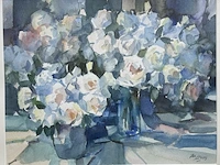 Grote aquarel, "modern bloemstilleven", geschilderd door jos leurs - afbeelding 1 van  3