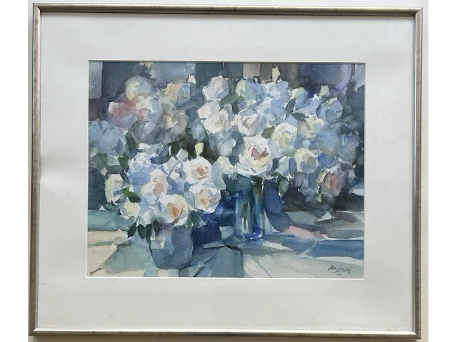 Grote aquarel, "modern bloemstilleven", geschilderd door jos leurs - afbeelding 2 van  3