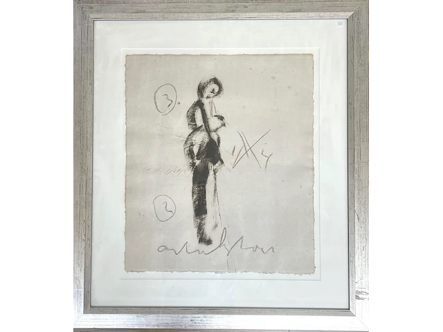 Grote gouache, getiteld "staande vrouw" geschilderd door anton heyboer (1924 - 2005) , te dateren omstreeks 1990 - afbeelding 1 van  2