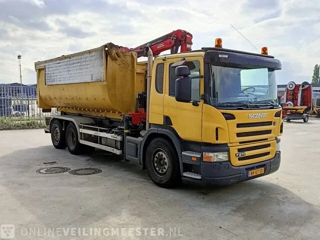 Haakarm vrachtwagen scania, p270 6x2 met kraan palfinger tipper 2 met grijper en containerbak, bouwjaar 2005 - afbeelding 4 van  49