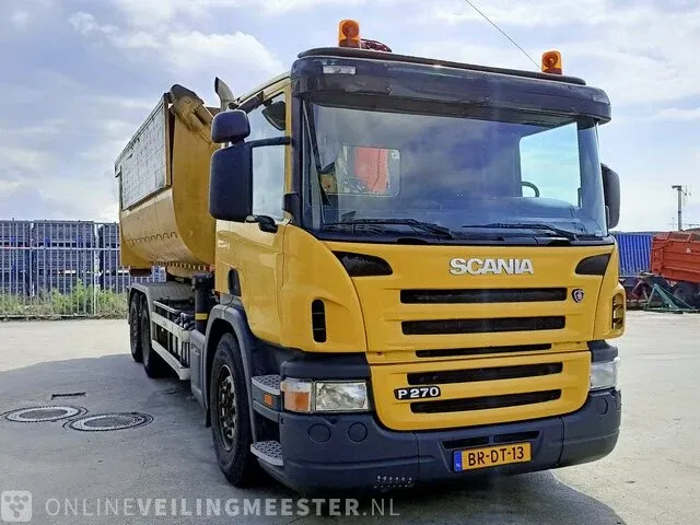Haakarm vrachtwagen scania, p270 6x2 met kraan palfinger tipper 2 met grijper en containerbak, bouwjaar 2005 - afbeelding 5 van  49