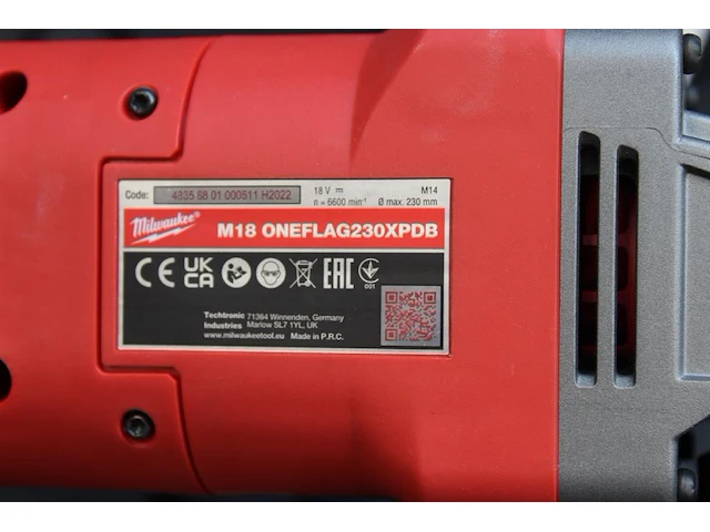 Haakse slijptol milwaukee m18 oneflag230xpdb incl. accu en lader in kunststof koffer - afbeelding 4 van  4