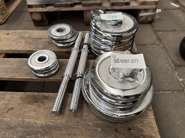 Halterset (totaal 15 halterschijven: 2x 5 kg, 2x 2,5 kg, 5x 2,25 kg, 3x 0,75 kg, 3x 0,5 kg) - afbeelding 1 van  10