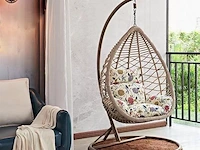 Hangstoel 95 cm breed - hoogte 200 cm - bruin frame / witte kussens met print - afbeelding 1 van  2