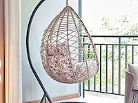 Hangstoel 95 cm breed - hoogte 200 cm - bruin frame / witte kussens met print - afbeelding 2 van  2