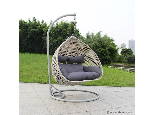 Hangstoel dubbel: 2 persoons 130 cm breed - hoogte 200 cm - wit frame / grijze kussens - afbeelding 1 van  4