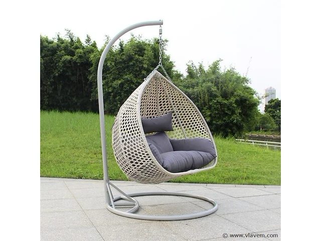 Hangstoel dubbel: 2 persoons 130 cm breed - hoogte 200 cm - wit frame / grijze kussens - afbeelding 2 van  4