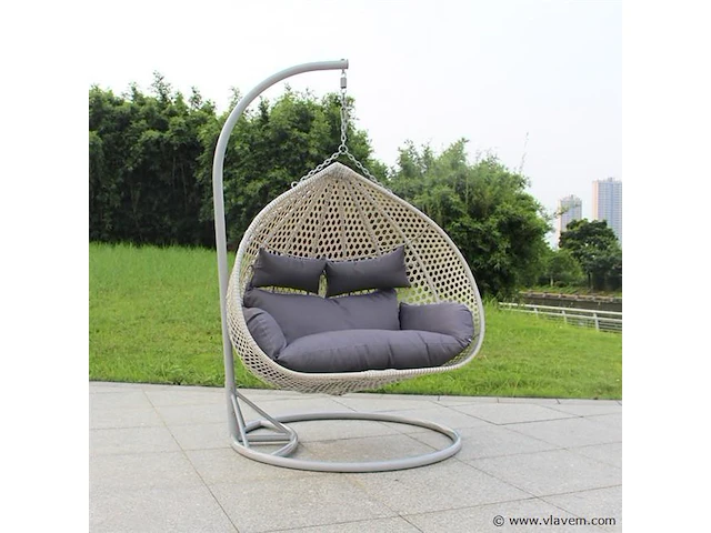 Hangstoel dubbel: 2 persoons 130 cm breed - hoogte 200 cm - wit frame / grijze kussens - afbeelding 4 van  4
